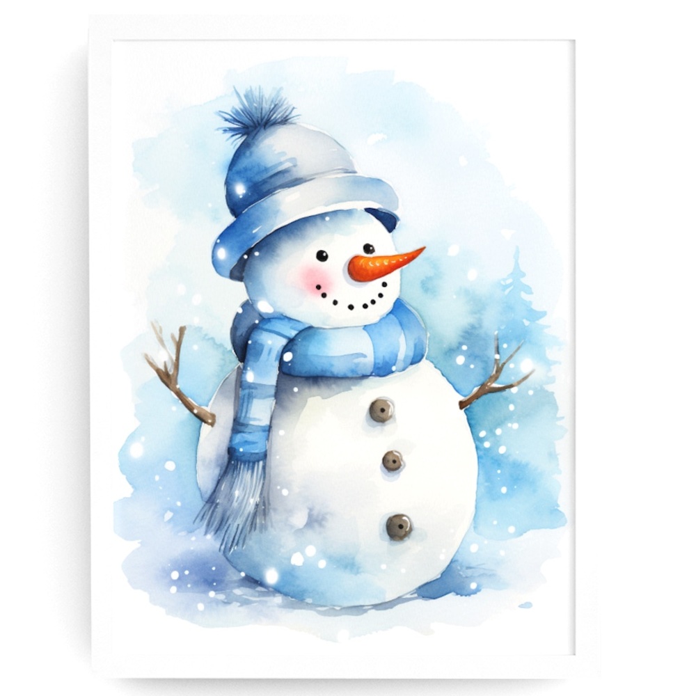 Watercolor Snowman Christmas Theme Wall Art Illustration Print Unframed